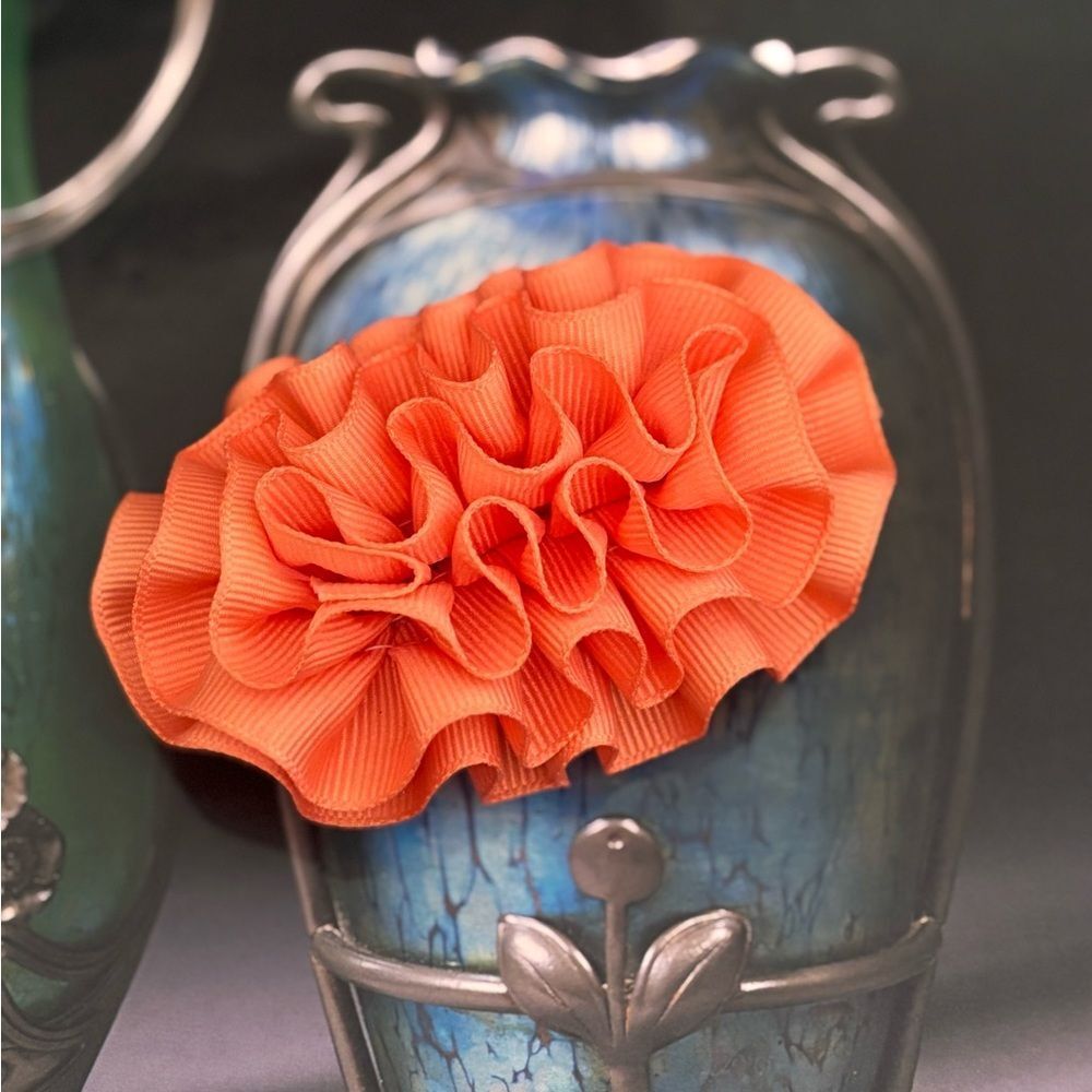 Vintage Hair Accessory Clip Barrette Orange Ruffle Ribbon 1980s 1990s